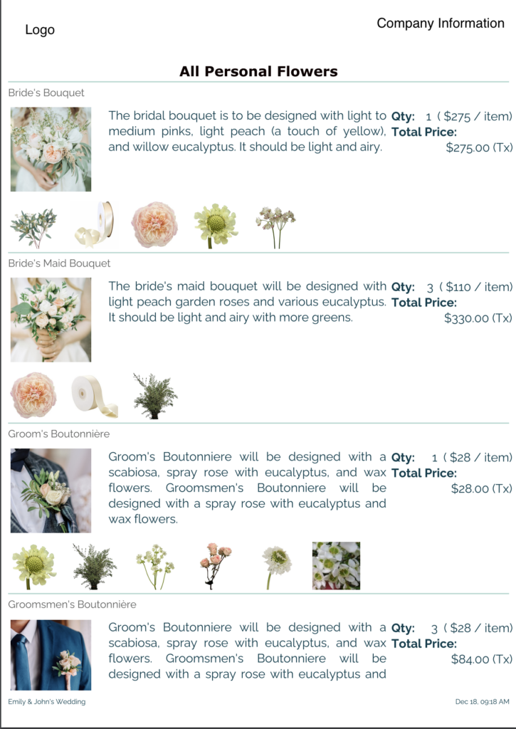 Floral Design Wedding Proposal Itemized List